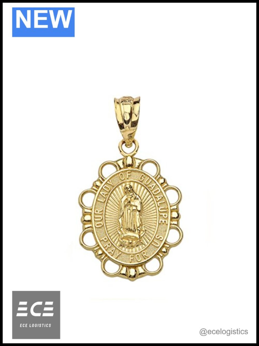 Solid 10K Gold Our Lady of Guadalupe Miraculous Mary Oval Pendant